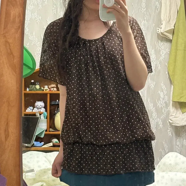 [BUNJANG] Japanese Vintage Mori Girl Dot Blouse / 일본 빈티지 모리걸 하구미 반소매 반팔 티셔츠 블라우스 카모메산장 마루