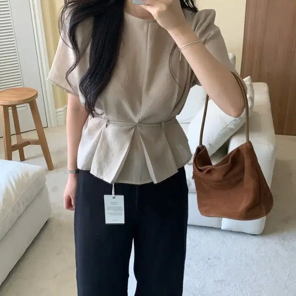 [BUNJANG] Short Sleeve Pintuck Ribbon Blouse - Beige Pink / 반팔 핀턱 리본 블라우스