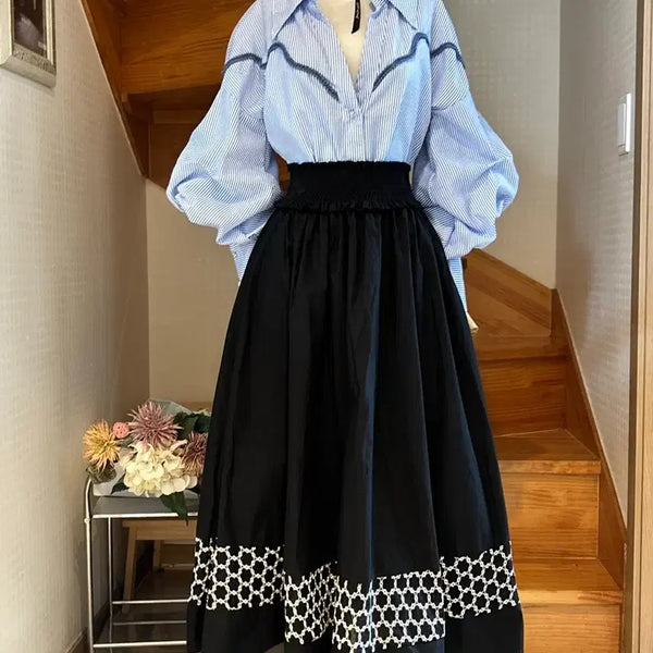 [BUNJANG] Stripe Shirt and Black Long Skirt Set / 스트라이프 셔츠 블랙 롱 스커트