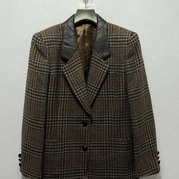 [BUNJANG] Burberry Women's Tweed Jacket with Check Pattern Leather Collar / 버버리 여성 체크 패턴 레더 칼라 트위드 자켓 S