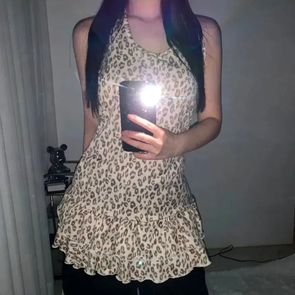 [BUNJANG] Leopard Print Ruffle Halterneck Dress / 갸루깔 호피 레오파드 홀터넥 캉캉 원피스