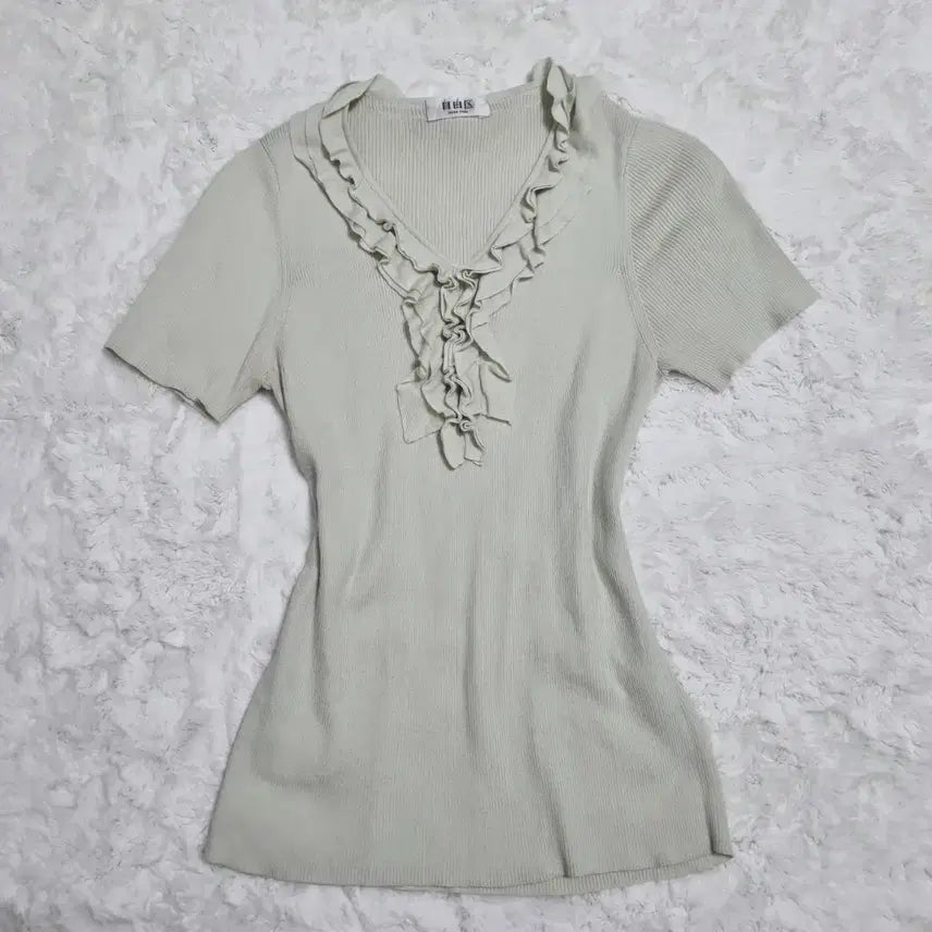[BUNJANG] Japanese Vintage Ribbed Short Sleeve Blouse - Fitted / 일본 빈티지 반팔 티셔츠 블라우스 딱붙핏 모리걸 엑시즈팜 연초록 일브