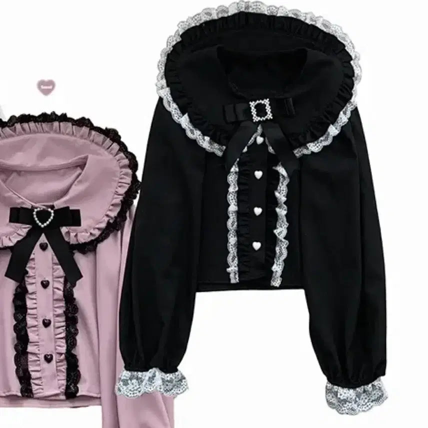 [BUNJANG] Mundellion Heart Lace Brooch Black Blouse / 지뢰계 문델리온 하트 레이스 브로치 블랙 블라우스