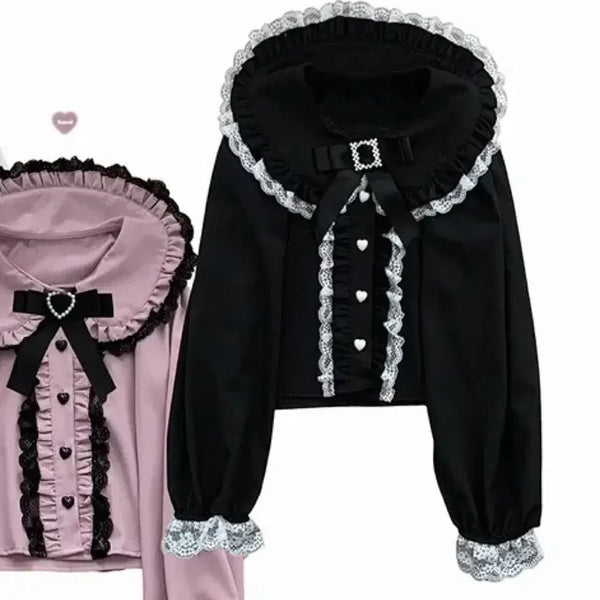 [BUNJANG] Mundellion Heart Lace Brooch Black Blouse / 지뢰계 문델리온 하트 레이스 브로치 블랙 블라우스
