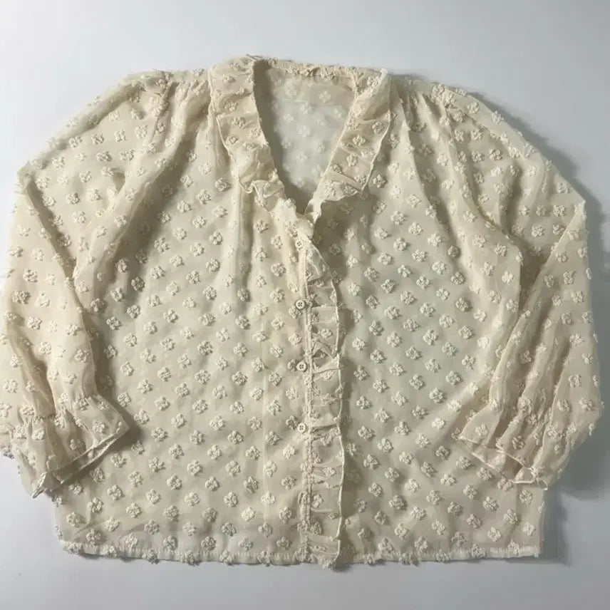 [BUNJANG] Ivory Flower Point Ruffle See-Through Blouse / 아이보리 플라워 포인트 프릴 시스루 블라우스