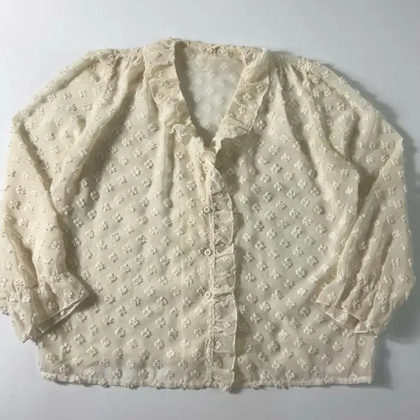 [BUNJANG] Ivory Flower Point Ruffle See-Through Blouse / 아이보리 플라워 포인트 프릴 시스루 블라우스