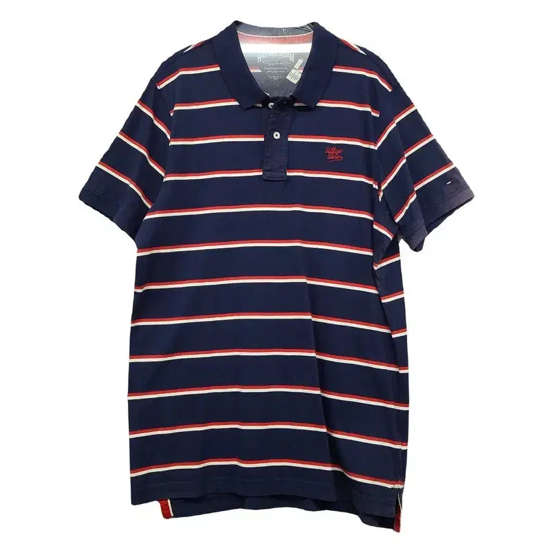 [BUNJANG] Tommy Hilfiger Striped Navy Logo Short Sleeve Polo Shirt XL / 타미힐피거 스트라이프 네이비 로고 반팔 카라티 X-LARGE