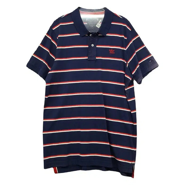 [BUNJANG] Tommy Hilfiger Striped Navy Logo Short Sleeve Polo Shirt XL / 타미힐피거 스트라이프 네이비 로고 반팔 카라티 X-LARGE