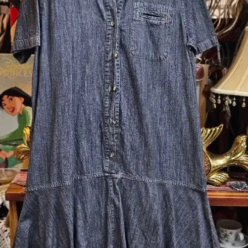[BUNJANG] Denim Shirt Dress with Ruffle Skirt / 청 원피스 셔츠형 프릴 스커트