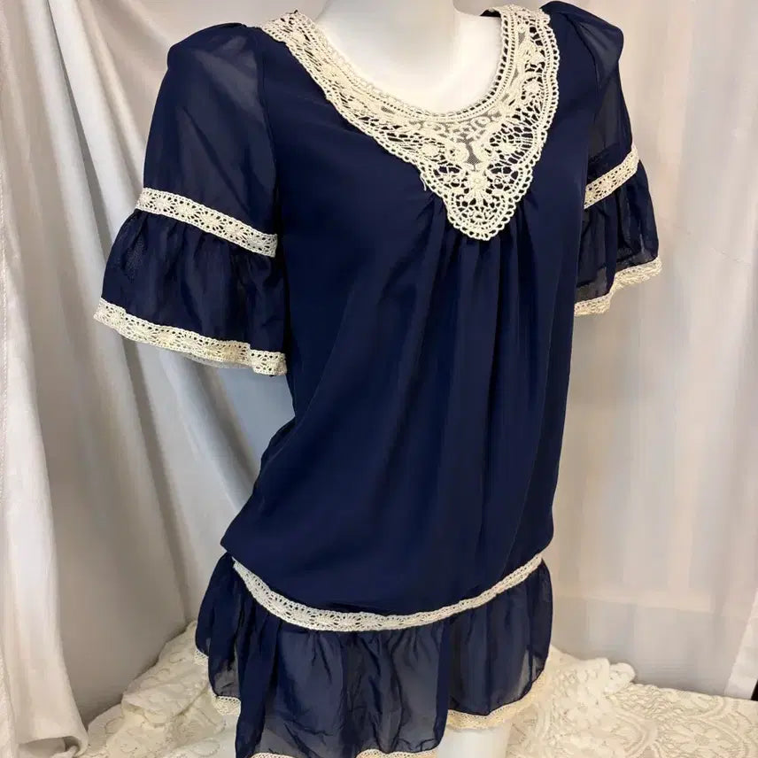 [BUNJANG] Blue Bohemian Ethnic Lace Short Sleeve Top / 블루 보헤미안 에스닉 레이스 반팔 #csz864