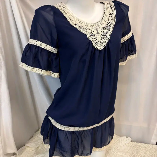 [BUNJANG] Blue Bohemian Ethnic Lace Short Sleeve Top / 블루 보헤미안 에스닉 레이스 반팔 #csz864