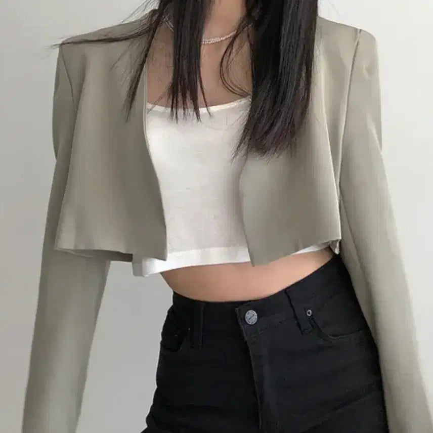 [BUNJANG] Cropped Semi-Formal Suit Jacket Khaki / 크롭 기장 세미 정장 재킷 카키색