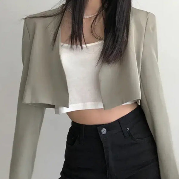 [BUNJANG] Cropped Semi-Formal Suit Jacket Khaki / 크롭 기장 세미 정장 재킷 카키색