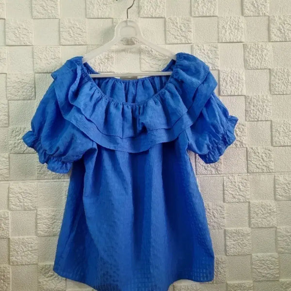 [BUNJANG] Off-Shoulder Frill Blouse (Blue) / 블루 오프숄더 프릴 블라우스 55-66