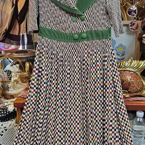 [BUNJANG] Check Pattern Pleated Collar Dress in Green / 체크 패턴 플리츠그린 카라 원피스