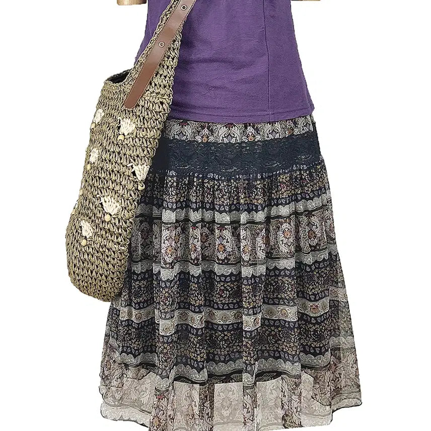 [BUNJANG] Vintage Chiffon Paisley Ethnic Ruffle Long Skirt Mori Girl Y2K Hippie Style / 일본빈티지 쉬폰레이스 페이즐리에스닉셔링 롱스커트치마모리걸갸루y2k히피