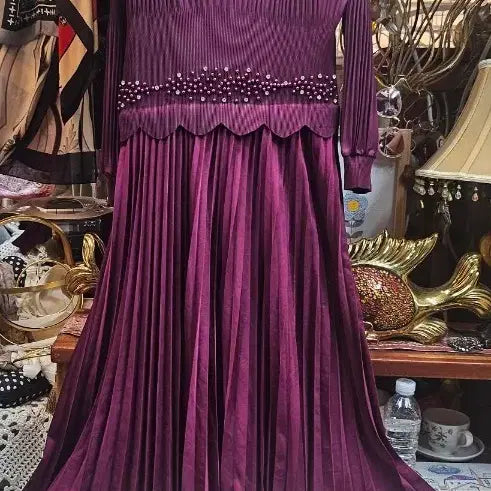 [BUNJANG] Pleated Beaded Long Dress - Burgundy / 플리츠 비즈 롱원피스 버건디