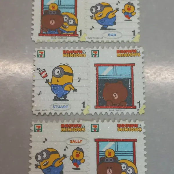 [BUNJANG] Minions, Brown, Sally Seven-Eleven Stamp Stickers Bundle / 미니언즈 브라운 샐리 세븐일레븐 우표 스티커 굿즈