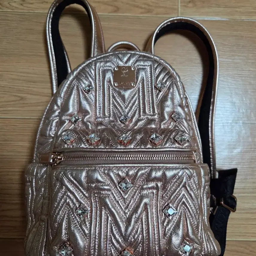[BUNJANG] MCM Quilting Backpack Rose Gold Cubic Embellished / MCM 퀼팅 백팩 로즈골드 큐빅 장식