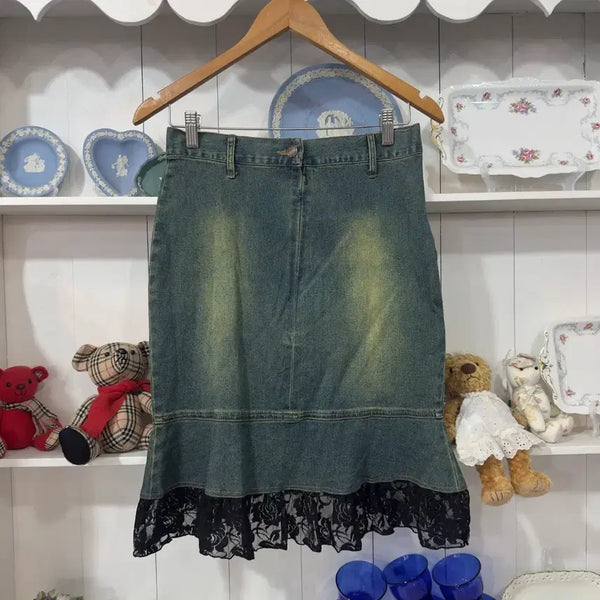 [BUNJANG] BIVERLY Lace Layered Denim Mermaid Skirt / 레이스 레이어드 데님 머메이드 스커트