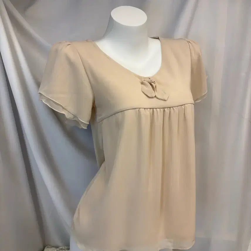 [BUNJANG] Ofuon Pink Beige Frill Short Sleeve Blouse / ofuon 핑크 베이지 프릴 반팔 블라우스 #csz869