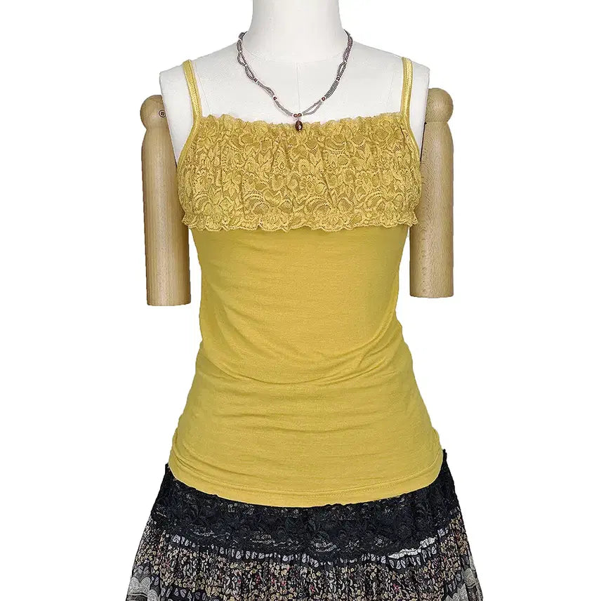 [BUNJANG] Japanese Vintage Wide Lace Square Strap Camisole Slip Top Yellow / 일본빈티지 넓은레이스 사각끈나시슬립티 옐로우 모리걸갸루y2k히피에스닉