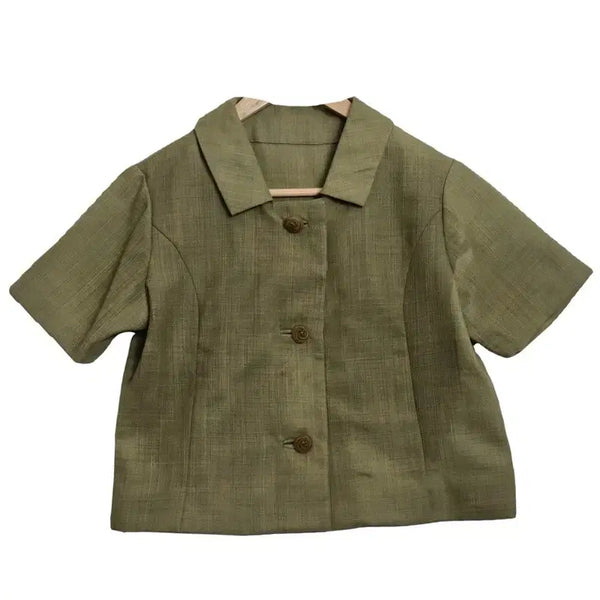 [BUNJANG] JPN Khaki Summer Cropped Blazer Jacket / JPN 카키 썸머 크롭 반팔 자켓 [M] 여성 숏 카라 블레이저 / 썸머룩 / 오피스룩