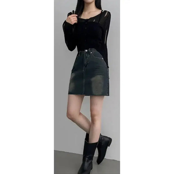 [BUNJANG] Dark Blue Denim H-line Skirt (M Size) / 흑청색 H라인 데님 스커트 / M 사이즈 / 26~27 사이즈