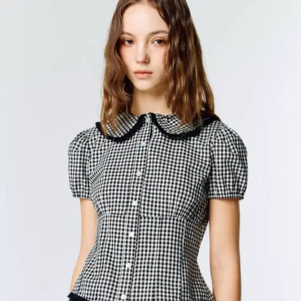 [BUNJANG] Lattegen CHECK PUFF SHIRT BLACK / 라티젠 L15 CHECK PUFF SHIRT(BLACK) 체크 퍼프 셔츠 블라우스 블랙