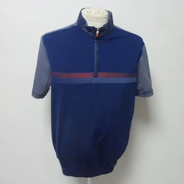 [BUNJANG] Men's Navy/Grey/Red Striped Half-Zip Short-Sleeve T-Shirt / 인디언/남성/일상복/반집업/반팔/차이나 티셔츠/95사이즈/새제품