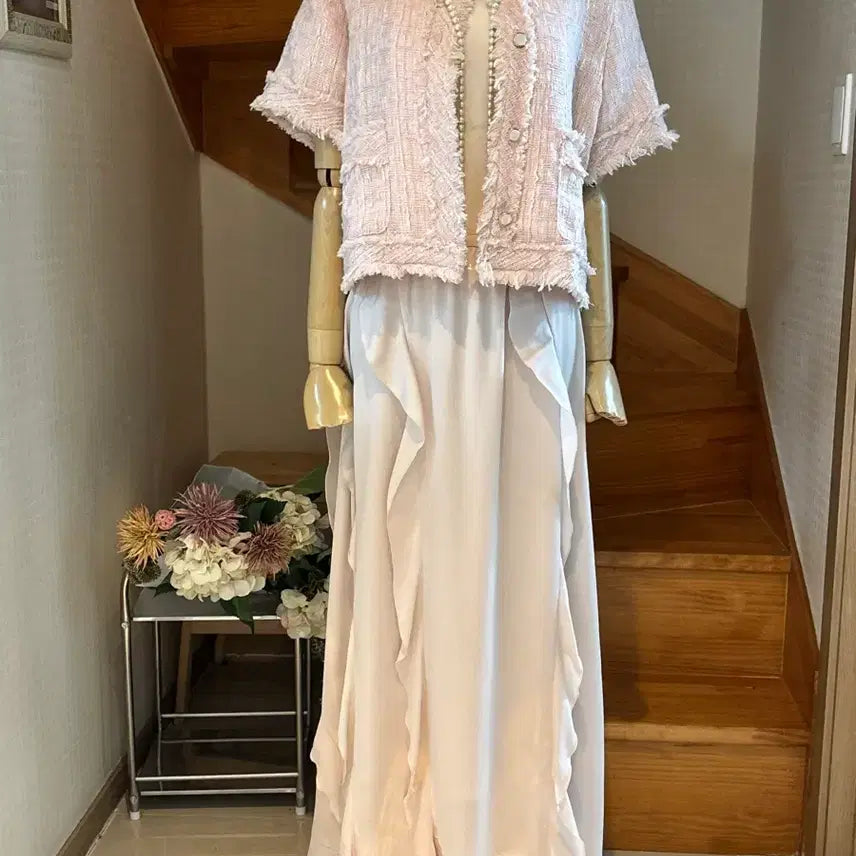 [BUNJANG] Pink Tweed Jacket + Long Dress Set / 핑크 트위드 자켓 + 롱 원피스