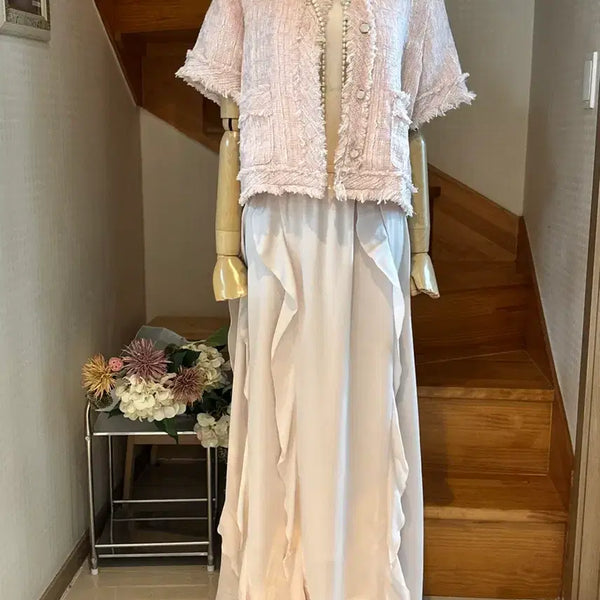 [BUNJANG] Pink Tweed Jacket + Long Dress Set / 핑크 트위드 자켓 + 롱 원피스