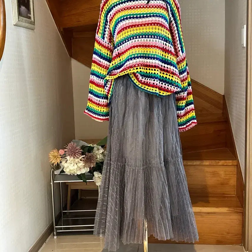 [BUNJANG] Rainbow Crochet Knit & Grey Tiered Chiffon Skirt Set / 무지개 크로쉐 니트 그레이 캉캉 쉬폰 스커트