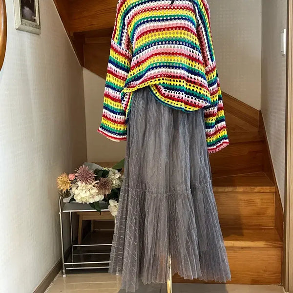 [BUNJANG] Rainbow Crochet Knit & Grey Tiered Chiffon Skirt Set / 무지개 크로쉐 니트 그레이 캉캉 쉬폰 스커트