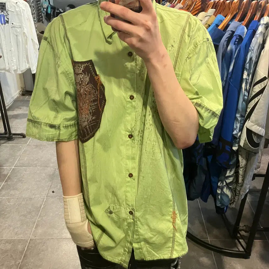 [BUNJANG] NO.9 Vintage Western Short Sleeve Shirt Olive / [NO.9]빈티지 웨스턴 반팔셔츠 올리브
