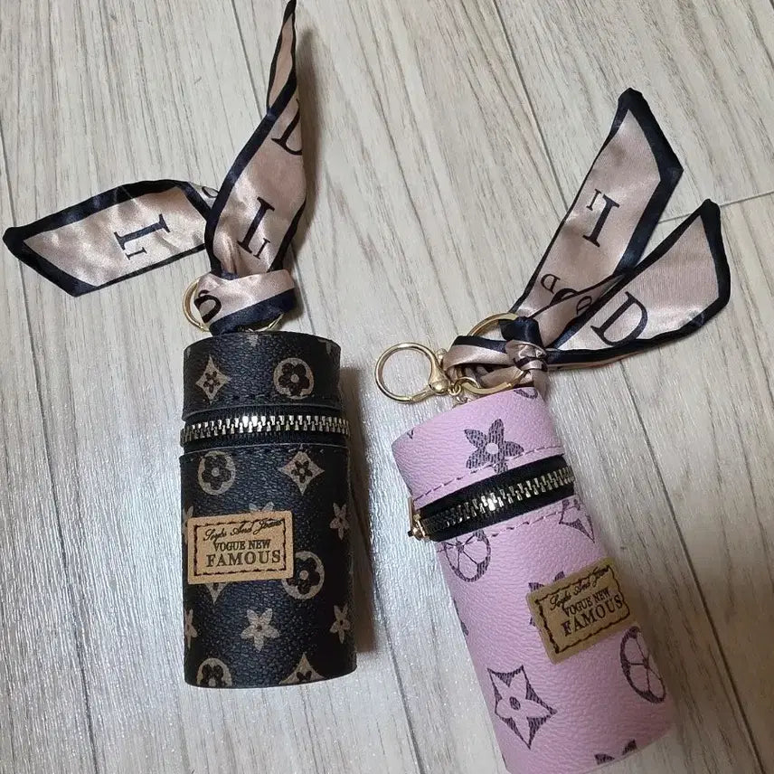 [BUNJANG] Luxury Pattern Cylindrical Lipstick Pouch Keychain Set (2 Types) / 명품 패턴 원통형 립스틱 파우치 키링 2종