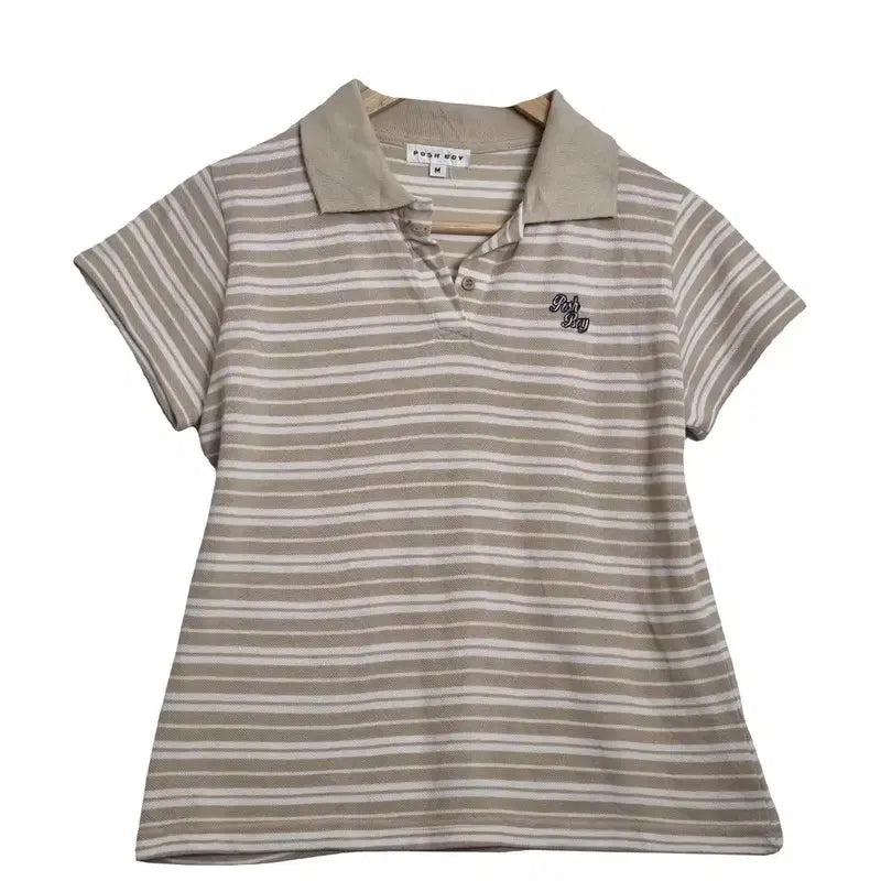 [BUNJANG] POSH BOY Women's Beige Stripe Slim Fit Short Sleeve Polo T-Shirt M / POSH BOY 베이지 스트라이프 반팔 카라티 [M] 여성 슬림핏 PK티셔츠