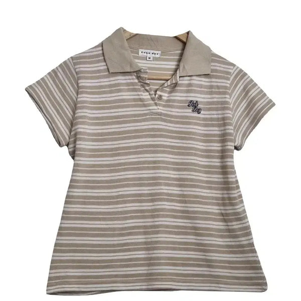 [BUNJANG] POSH BOY Women's Beige Stripe Slim Fit Short Sleeve Polo T-Shirt M / POSH BOY 베이지 스트라이프 반팔 카라티 [M] 여성 슬림핏 PK티셔츠