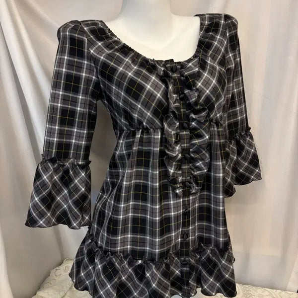 [BUNJANG] Checkered Frill Detail 7-Part Sleeve Blouse / 체크 프릴디테일 7부 블라우스 #csz873