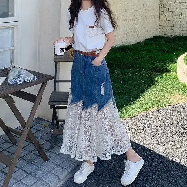 [BUNJANG] Denim Lace Long Skirt / 데님 레이스 롱 스커트