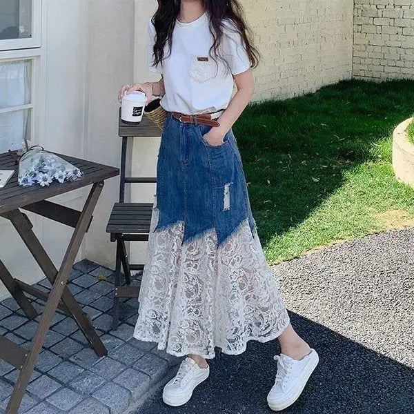 [BUNJANG] Denim Lace Long Skirt / 데님 레이스 롱 스커트