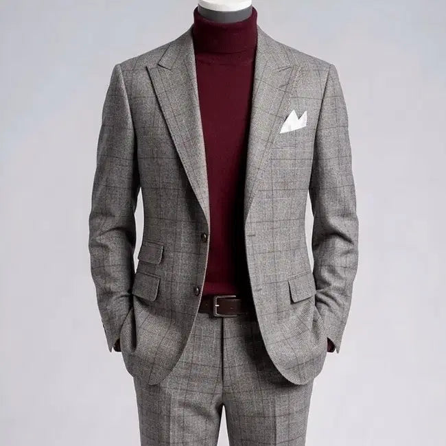 [BUNJANG] Vanhart di Albazar Luigi Botto Burgundy Glen Check Peak Lapel Suit Set / 반하트 디 알바자/이태리 루이지보또 버건디 와인 글렌체크 피크드라펠 셋업 수트/100-103, 32