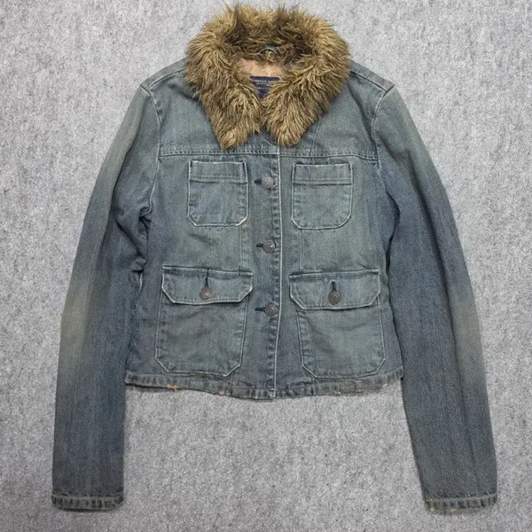[BUNJANG] American Eagle Y2K Garu Fur Trimmed Washed Denim Jacket - Size S / 아메리칸 이글 Y2K 갸루 퍼카라 워싱 데님 자켓 S