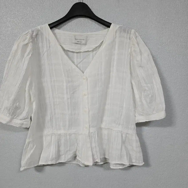 [BUNJANG] Puff Sleeve Cropped Cotton Blouse (Size 55-66) / 퍼프소매 크롭 코튼 블라우스 55~66