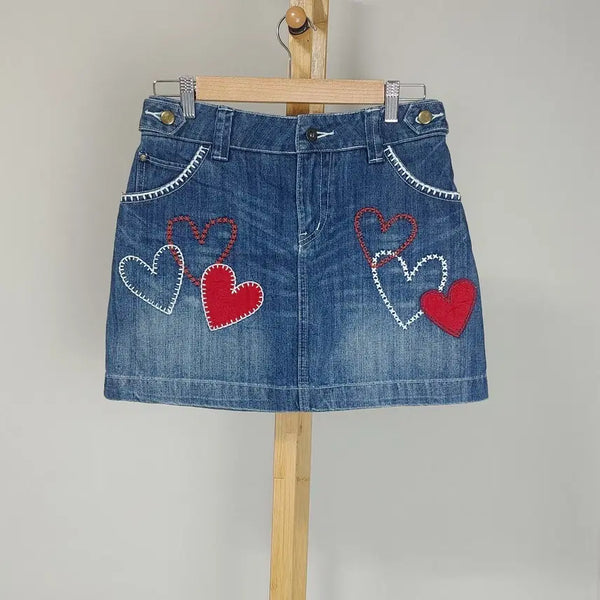 [BUNJANG] Rough Heart Patchwork Denim Mini Skirt / rough 러프 하트 패치워크 데님 미니 스커트