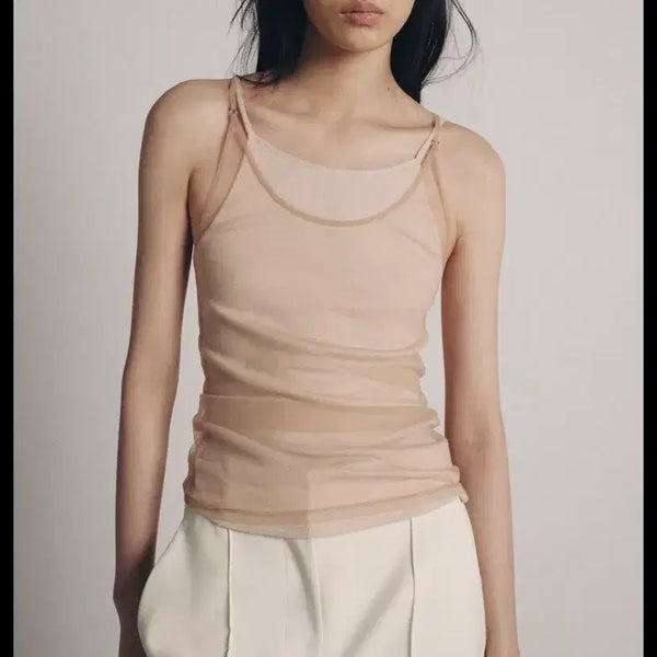 [BUNJANG] Zara Double Tulle Halterneck Top Beige / 자라 더블 튤 홀터넥 탑 베이지