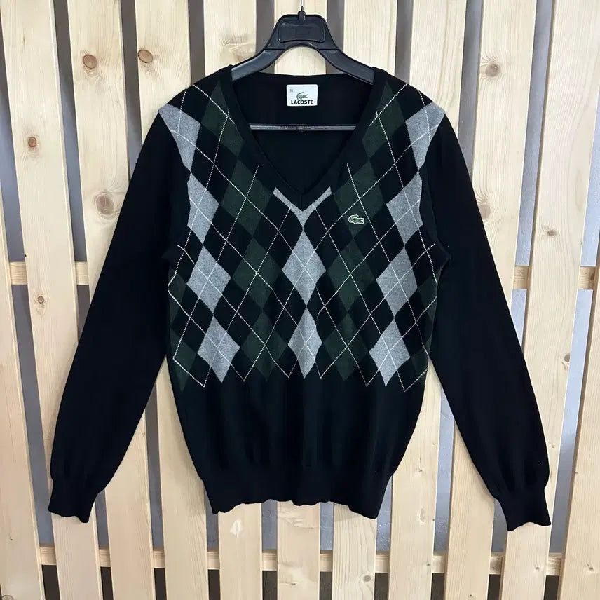 [BUNJANG] Lacoste Argyle V-Neck Knit Black / (M) 라코스테 아가일 브이넥 니트 블랙