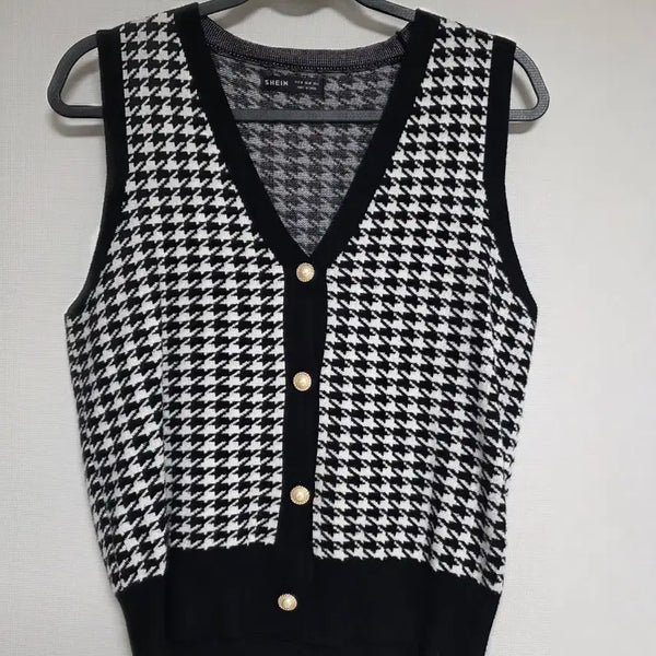 [BUNJANG] Shein Check Pattern V-Neck Vest - Size M / 쉬인 체크 패턴 브이넥 조끼 M