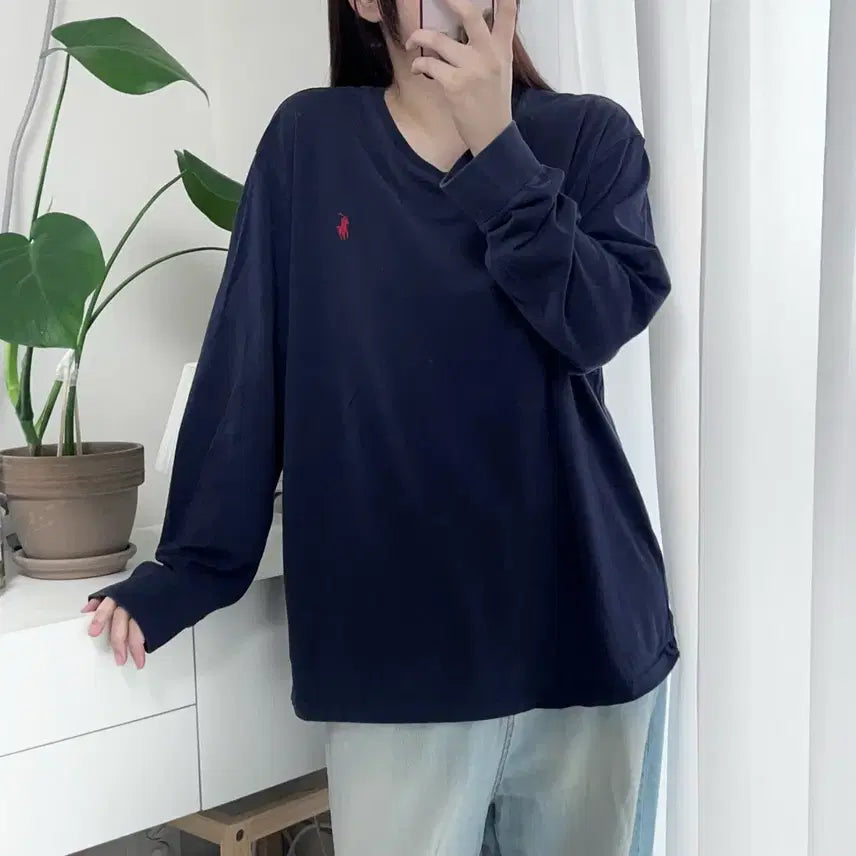 [BUNJANG] Polo Ralph Lauren Navy Red Pony V-Neck Long Sleeve T-Shirt - L / [정품] 폴로 네이비 / 레드포니 브이넥 긴팔티 [ L ]