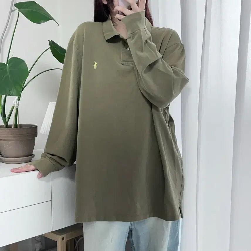 [BUNJANG] Polo Ralph Lauren Long Sleeve Collared Shirt Olive Yellow Pony Logo XXL / 폴로 올리브 / 옐로우포니 긴팔카라티 [ XXL ]